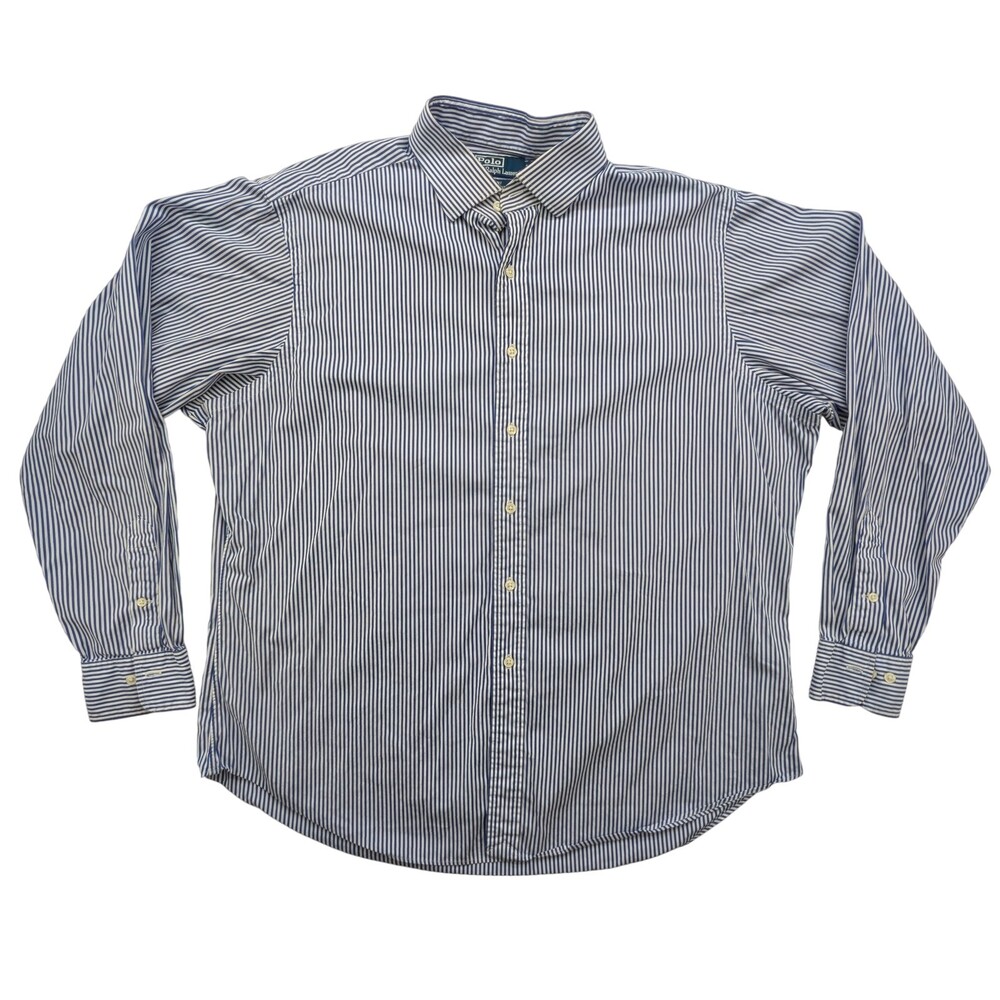 Polo Ralph Lauren Shirt Mens 17.5 Regent Classic Fit Blue White Stripe Button Up